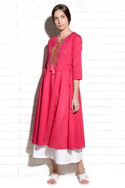 Strawberry Crush Tunic Kurta with embroidery at neck and tassles